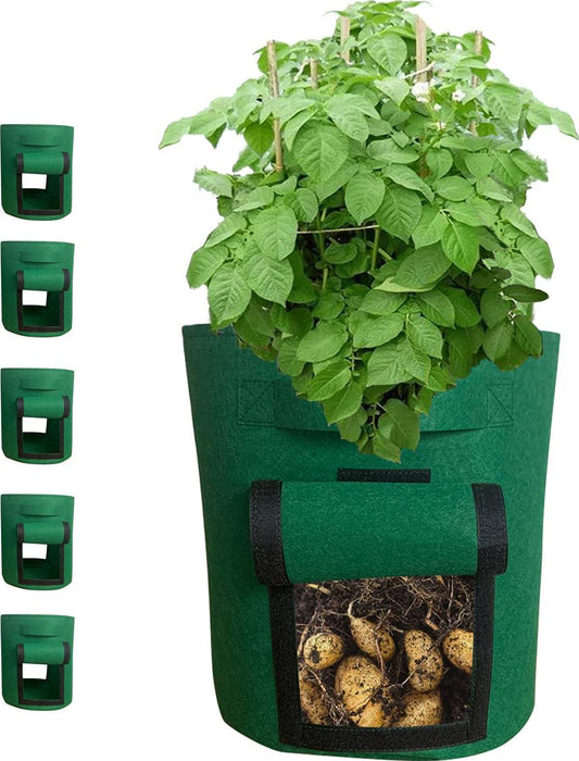 10 Gallon Grow Bags, 5Pack Potato Grow Bags with 2 Side Windows, Breathable Nonwoven Plant Bags with 2 Sturdy Handles, Garden Bags to Grow Vegetables Flower Fruit, Tomato Chili Onions Corn Etc (Green)-