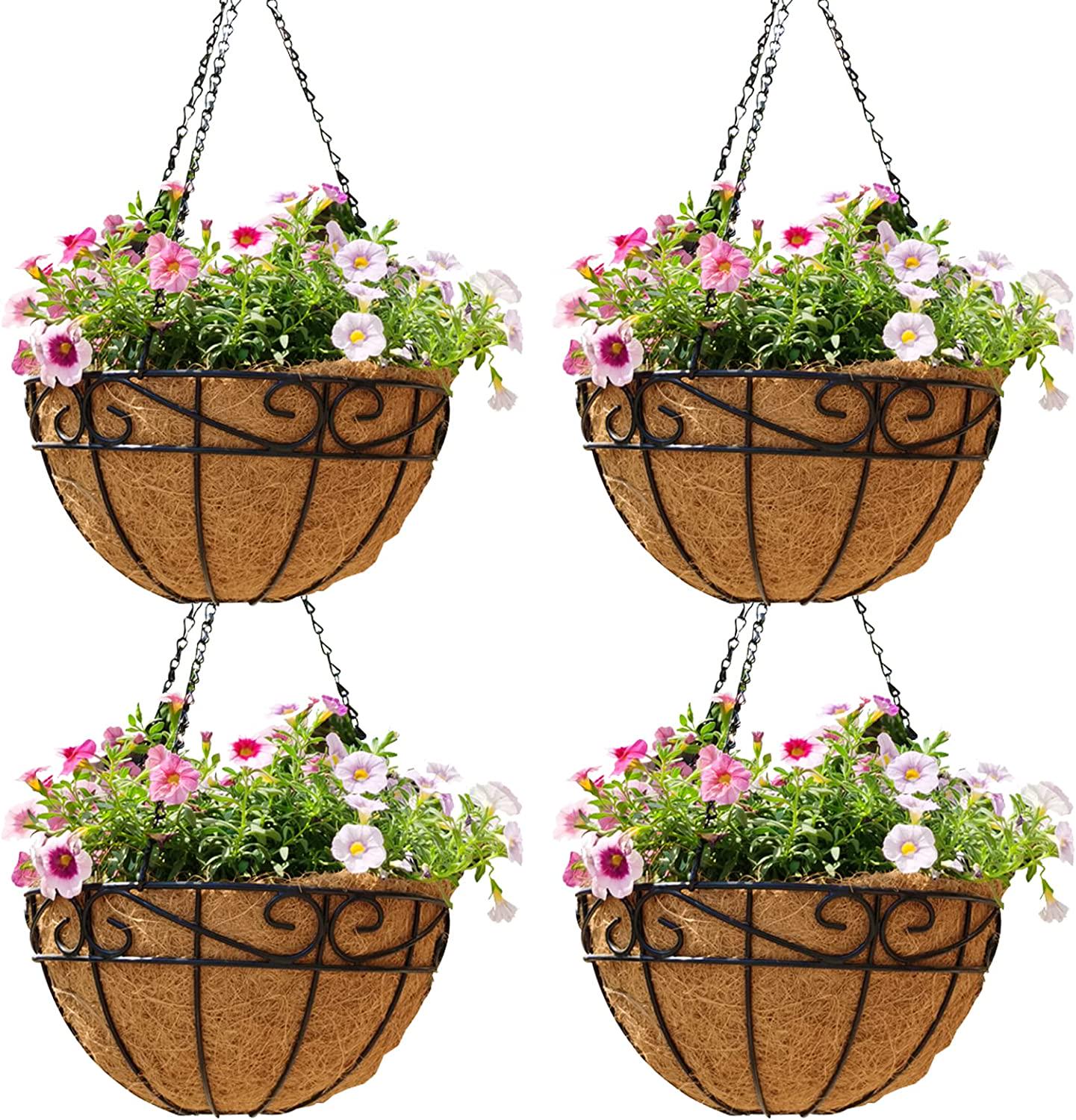 10 inch Metal Hanging Baskets For Plants Outdoor 4 Pack Round Metal Wire Hanging Basket Planter with Coco Fiber Liners Chain Round Wire Plant Holder for Garden, Patio, Deck, Porch Plants Flower Potsss-