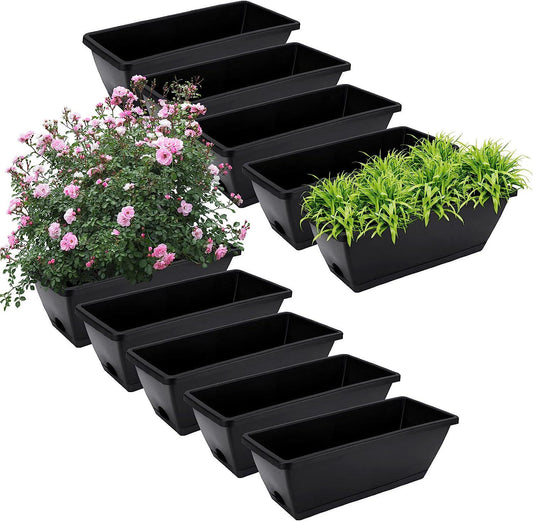 10Pcs Plastic Window Boxes Planters, Black Rectangle Flower Boxes, 16.6 x 6.7 x 5.5 inch Window Planter Boxes Outdoor with Drainage Holes and Trays, Sill Planter Box for Sill, Garden, Balcony, Decor-