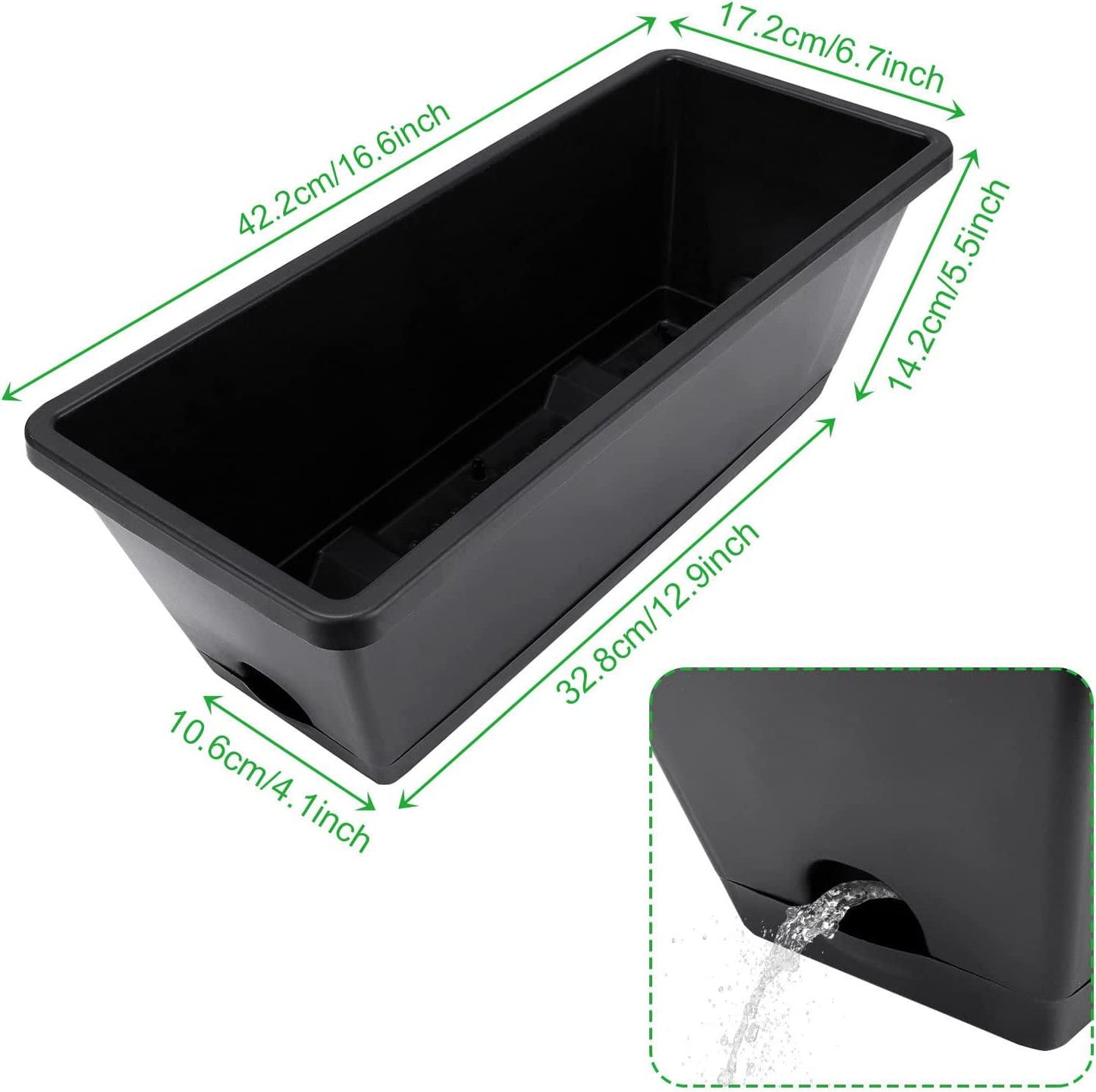 10Pcs Plastic Window Boxes Planters, Black Rectangle Flower Boxes, 16.6 x 6.7 x 5.5 inch Window Planter Boxes Outdoor with Drainage Holes and Trays
