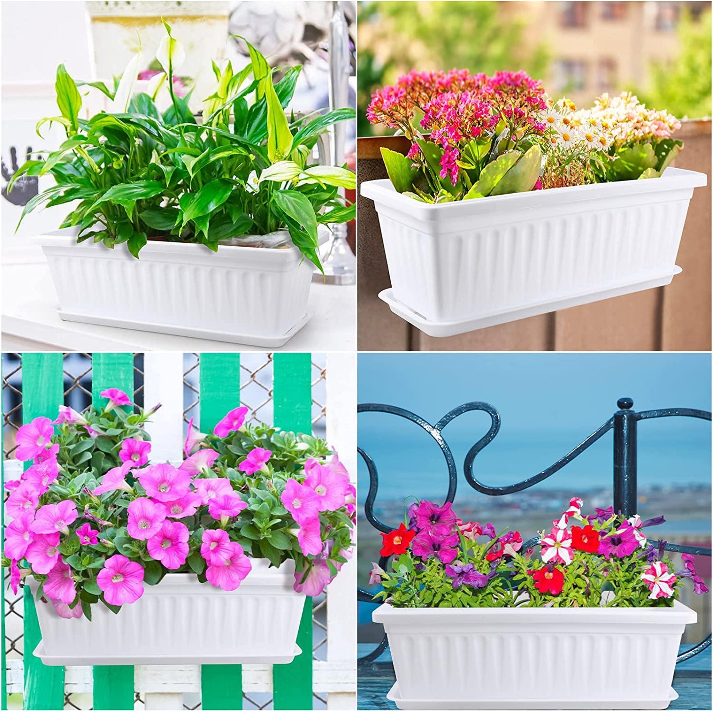 10 Pack Window Planter Box, 17 inch Rectangular Flower Planter Boxes with Tray for Indoor and Outdoor Flower Balcony Windowsill Patio Garden (White)