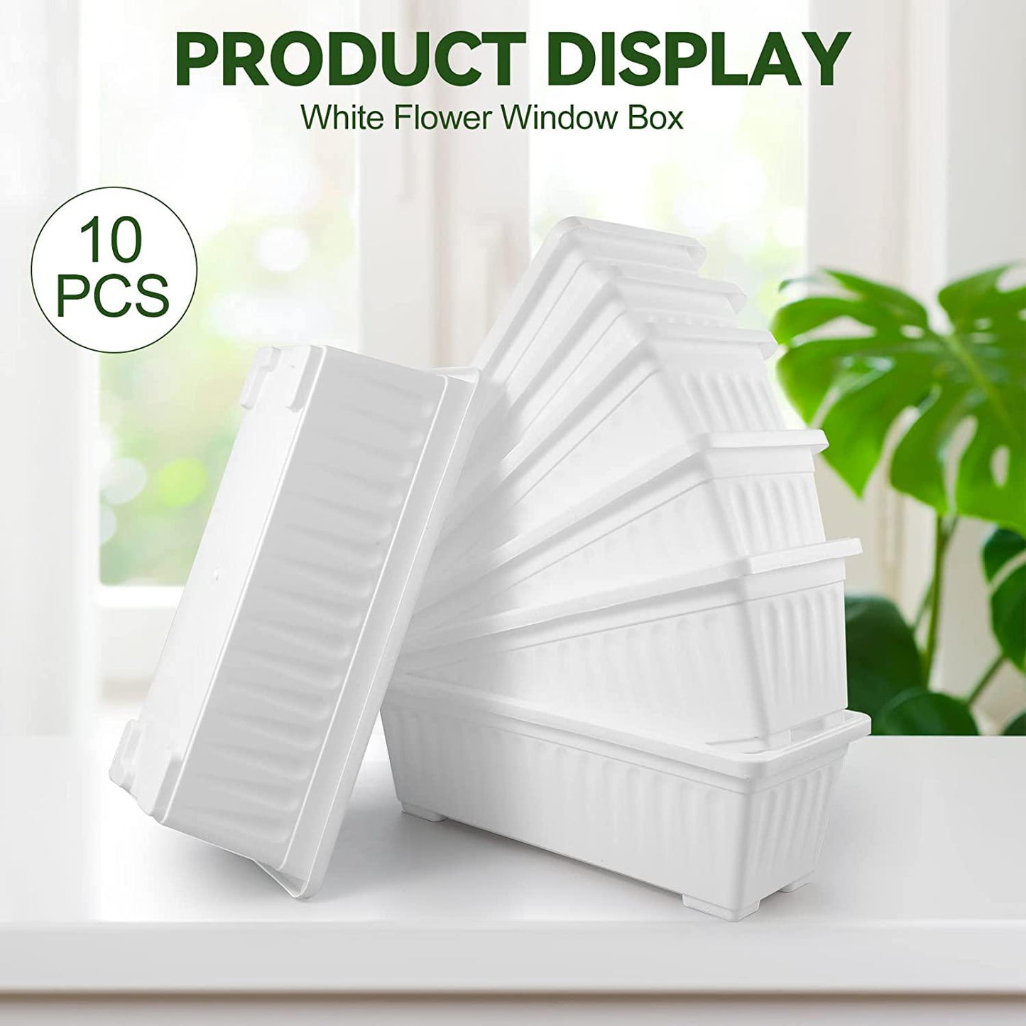 10 Pack Window Planter Box, 17 inch Rectangular Flower Planter Boxes with Tray for Indoor and Outdoor Flower Balcony Windowsill Patio Garden (White)