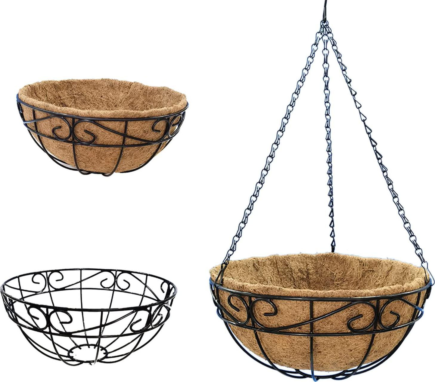 10 inch Metal Hanging Baskets For Plants Outdoor 4 Pack Round Metal Wire Hanging Basket Planter with Coco Fiber Liners Chain Round Wire Plant Holder for Garden, Patio, Deck, Porch Plants Flower Potsss