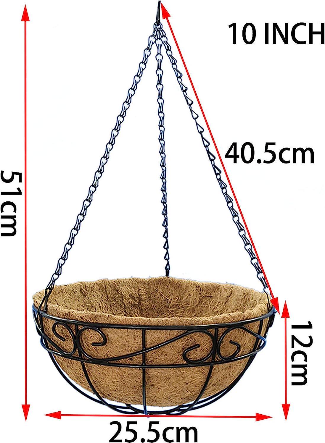 10 inch Metal Hanging Baskets For Plants Outdoor 4 Pack Round Metal Wire Hanging Basket Planter with Coco Fiber Liners Chain Round Wire Plant Holder for Garden, Patio, Deck, Porch Plants Flower Potsss