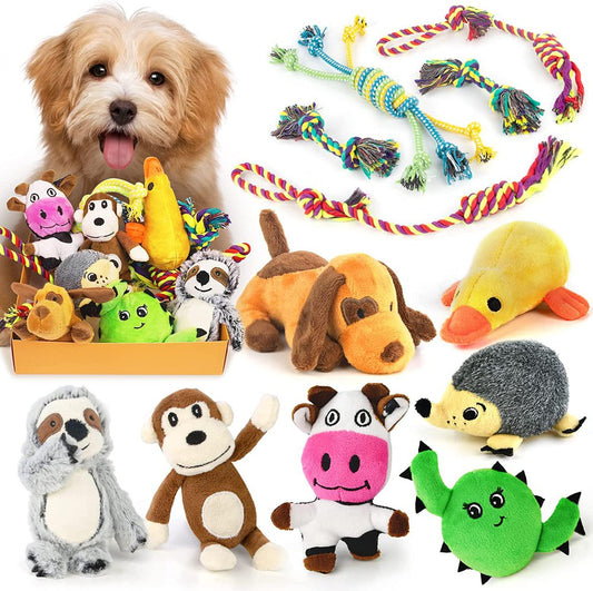 12 Pack Dog Squeaky Toys For Teething Cute Stuffed Plush Bundle Natural Cotton Puppy Rope-