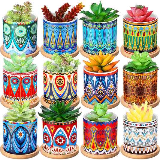 12 Pcs 3 Inch Succulent Pots Succulent Planters Cylinder Ceramic Pots Mandala Multicolor Cactus Pot with Drainage Holes and Bamboo Trays for Indoor Plants Flowers Succulent Cactus Garden Decoration-
