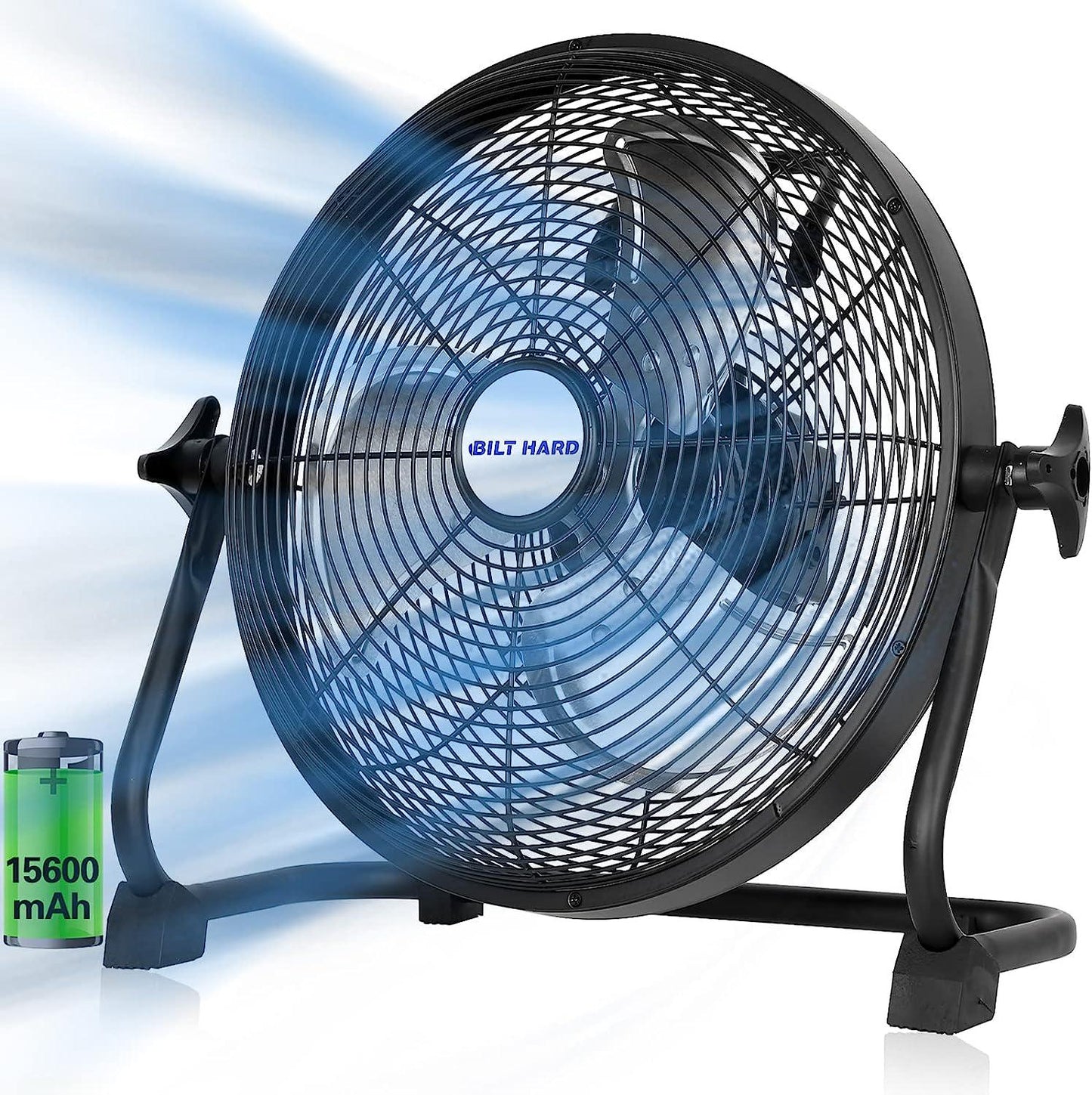 12 Rechargeable Battery Operated Outdoor Floor Fan, 15600mAh Battery Powered High Velocity Portable Fan with Metal Blade, USB Output for Camping, Travel, Backyard, Run All Day-