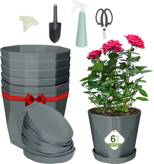 15 Pack Flower Pots Set with 6PC 7inch Plastic Plant Pot, a Gardening Scissors, a Shovel, a Plant Spray Bottle and 6 Plant Labels - Flower Pots for Indoor Plants with Drainage Holes and Saucers-