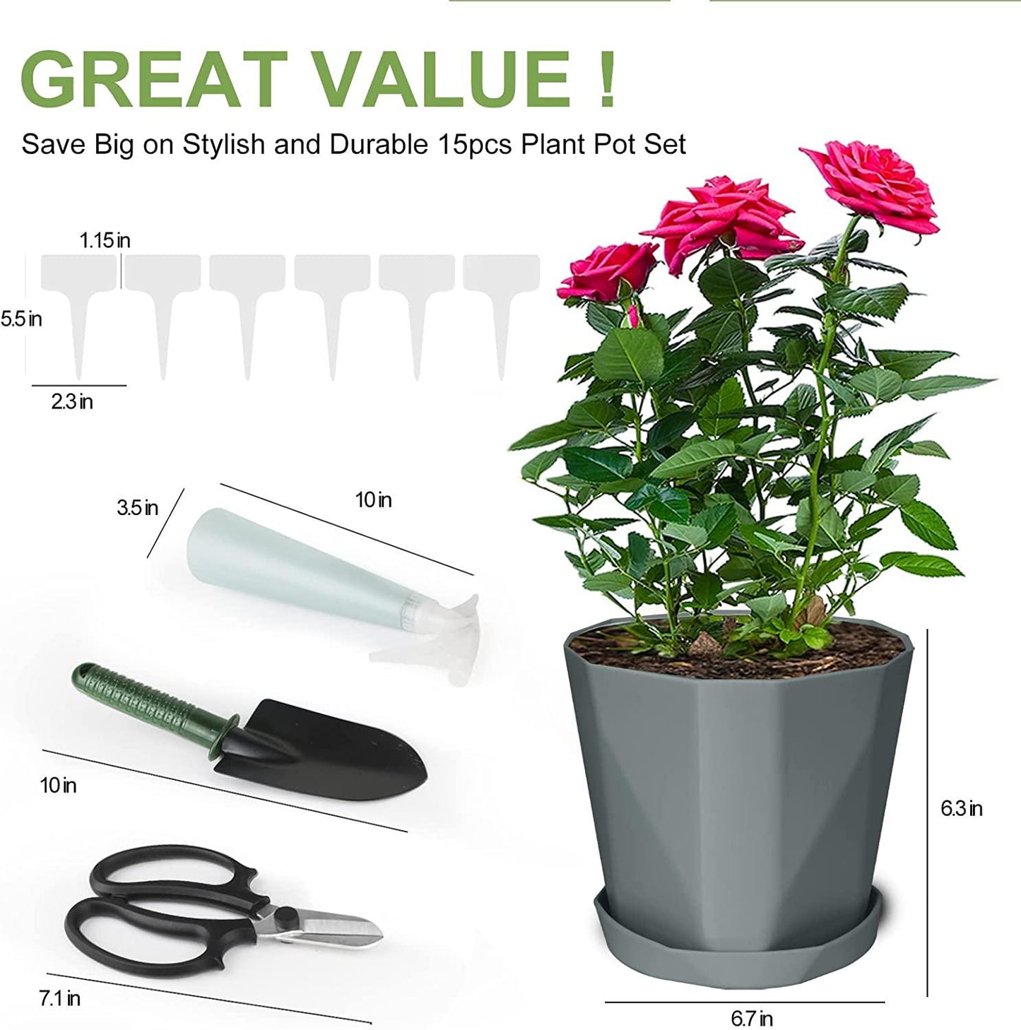 15 Pack Flower Pots Set with 6PC 7inch Plastic Plant Pot, a Gardening Scissors, a Shovel, a Plant Spray Bottle and 6 Plant Labels