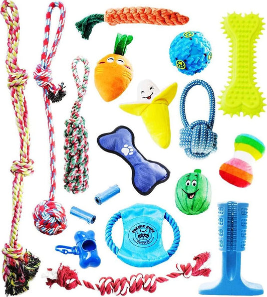 18 Piece Dog Toy Set with Dog Chew Toys, Rope Toys for Dogs, Plush Toys for Dogs and Puppy Teething Toys-
