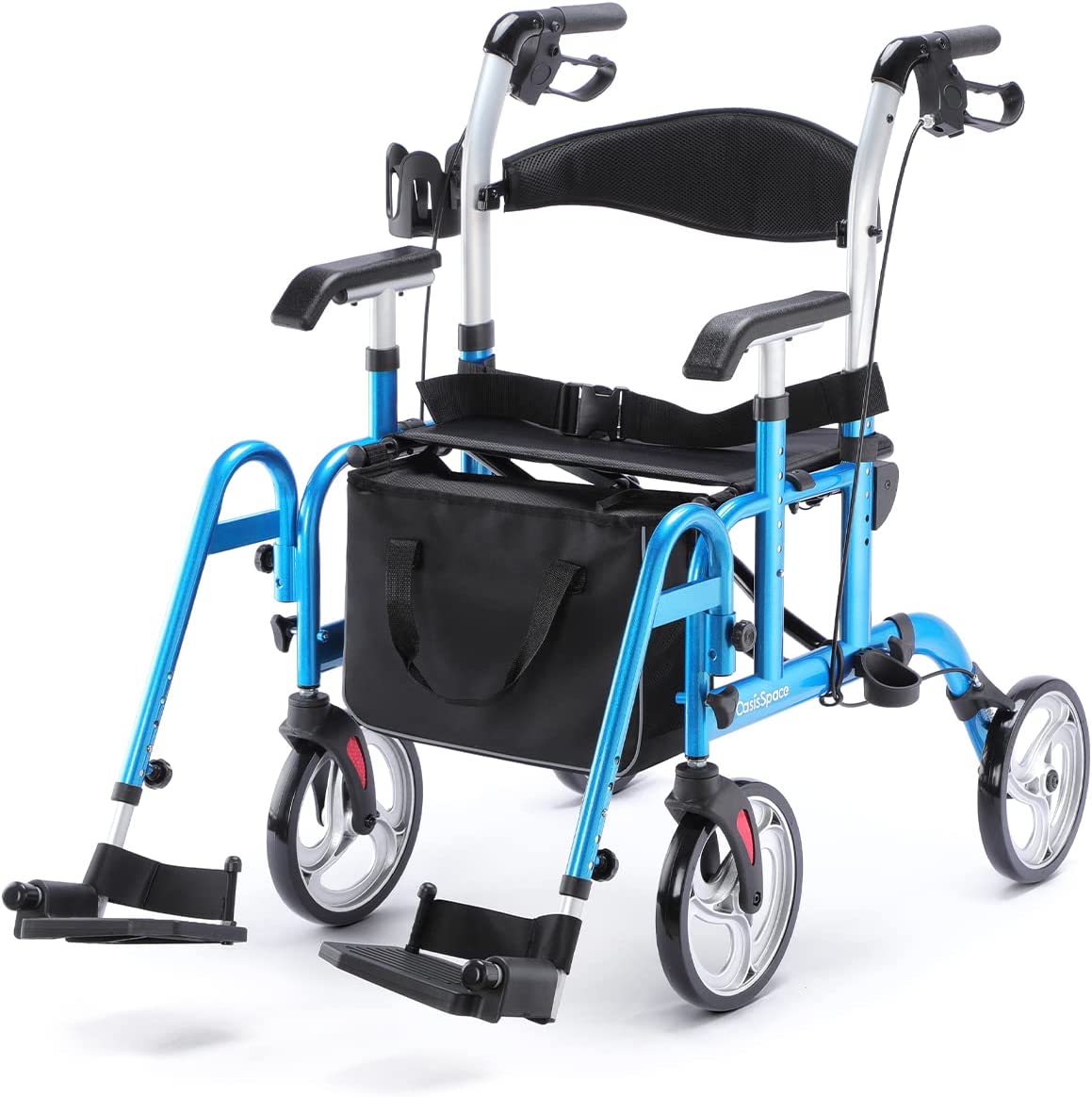 2 in 1 Rollator Walker with Footrest - Transport Walker Chair with 10 inch Wheels, Walker with Cup Holder for Adult-