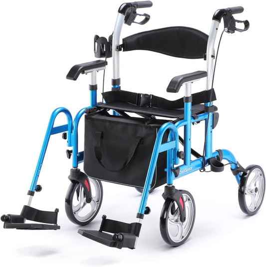 2 in 1 Rollator Walker with Footrest - Transport Walker Chair with 10 inch Wheels, Walker with Cup Holder for Adult-