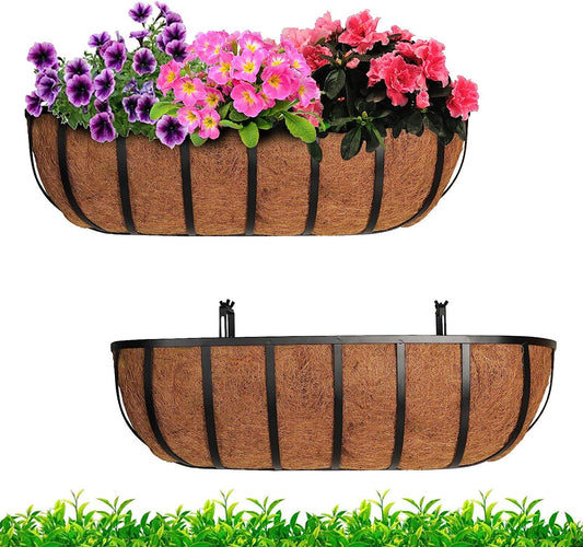 24 Inch Window Box Deck Railing Planter with Coco Liner Metal Horse Troughs Fence Planter Balcony Metal Hanging Planter Bracket Deck Railing Planter Boxes for Outdoor Balcony Rail Fence Porch Patio-