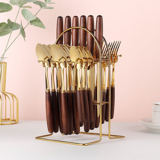 24 PCS Creative Wooden Handle Stainless Steel Tableware With High-End Cutlery Rack Set-Cutlery