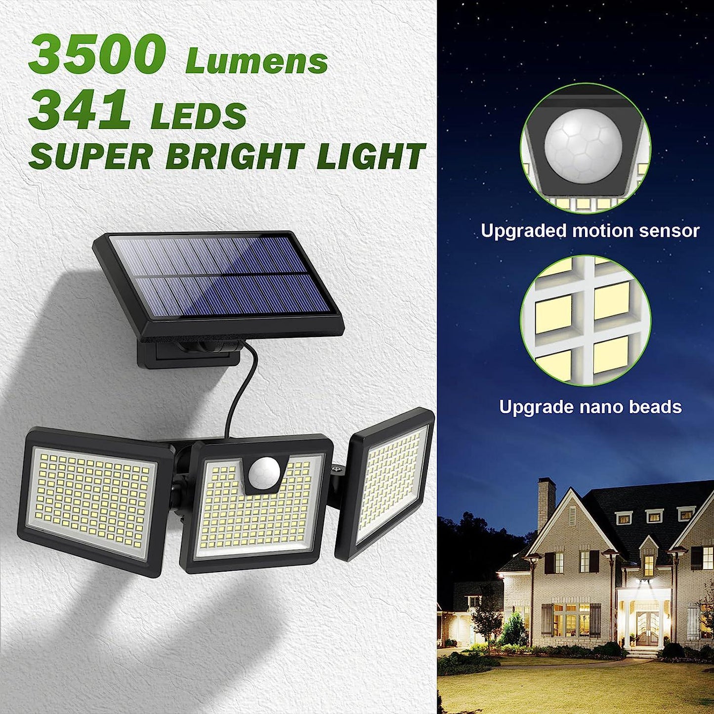[2-Pack] Solar Outdoor Lights,3500LM 341 LED (3 Head-Freely Rotatable) Motion Sensor Lights, 270° Wide Angle Security Lights, IP65 Waterproof, Sensitive PIR Motion