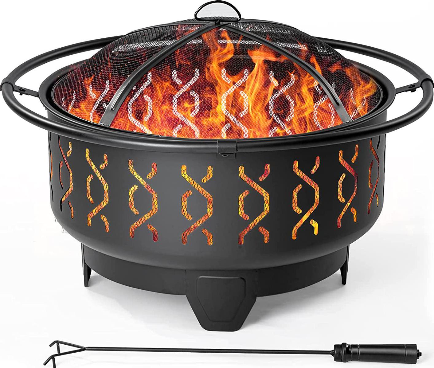 30 Inch Fire Pits for Outside Wood Burning Outdoor Large FirePit Round Steel Firepit for Patio Backyard Garden Outdoor Heating,with Spark Screen,Log Grate,Poker, Black (SFPR-001)-