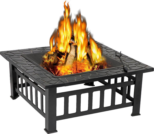 32in Outdoor Fire Pits Outside Wood Burning Firepit Square Metal Fireplace Table Fire Bowl with Grill,Screen and Poker for Camping Bonfire Backyard BBQ-