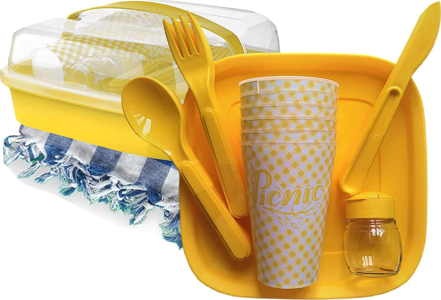 33 Piece Plastic Picnic Set for Camping Outdoor with Carry Case and with Tablecloth Picnic Blanket, (Set for 6), Unbreakable Plates, Cups, Forks, Knives, Spoons Set of 6, BPA Free (Yellow)-
