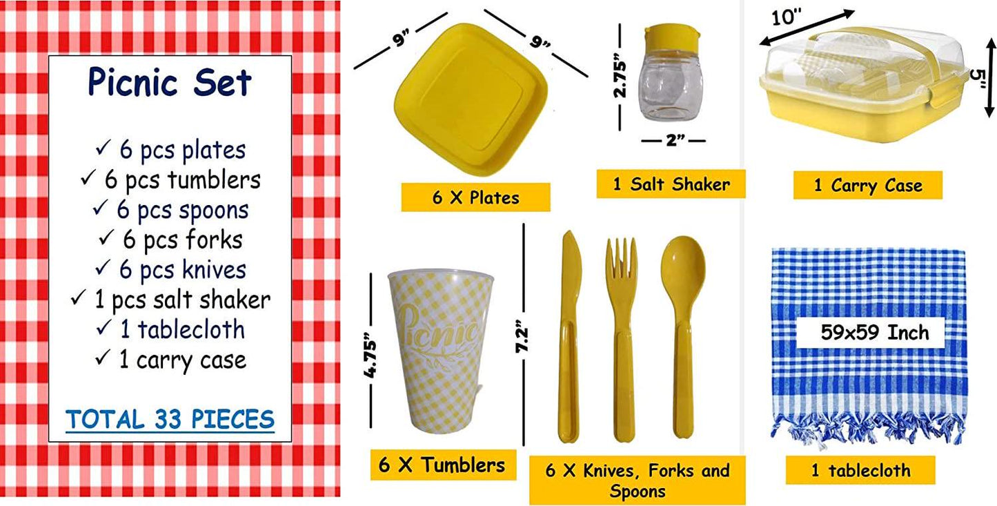 33 Piece Plastic Picnic Set for Camping Outdoor with Carry Case and with Tablecloth Picnic Blanket, (Set for 6), Unbreakable Plates, Cups, (Yellow)