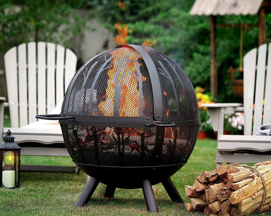 35 Inch Fire Pit Sphere, Outdoor Wood Burning Flaming Ball FirePit with Pivot Spark Screen, Backyard Patio Swimming Pool Camping Beach Bonfire Pit-