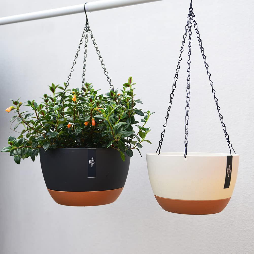 3 Pack Plastic Hanging Planters Set ,8.3 Inch Hanging Flower Plant Pot with Drainage Hole for Indoor Outdoor Plants, Round Hanging Basket with Removable tray for Home Garden Porch Balcony Patio Decor