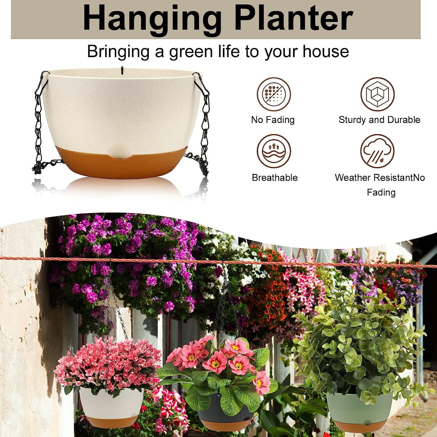 3 Pcs Hanging Planters for Outdoor Indoor Plants, 8.2 Inch Hanging Plant Flower Pots with Watering Bottle, Drainage Hole and Removable Tray, Plastic Self Watering Hanging Planter for Indoor Outdoor