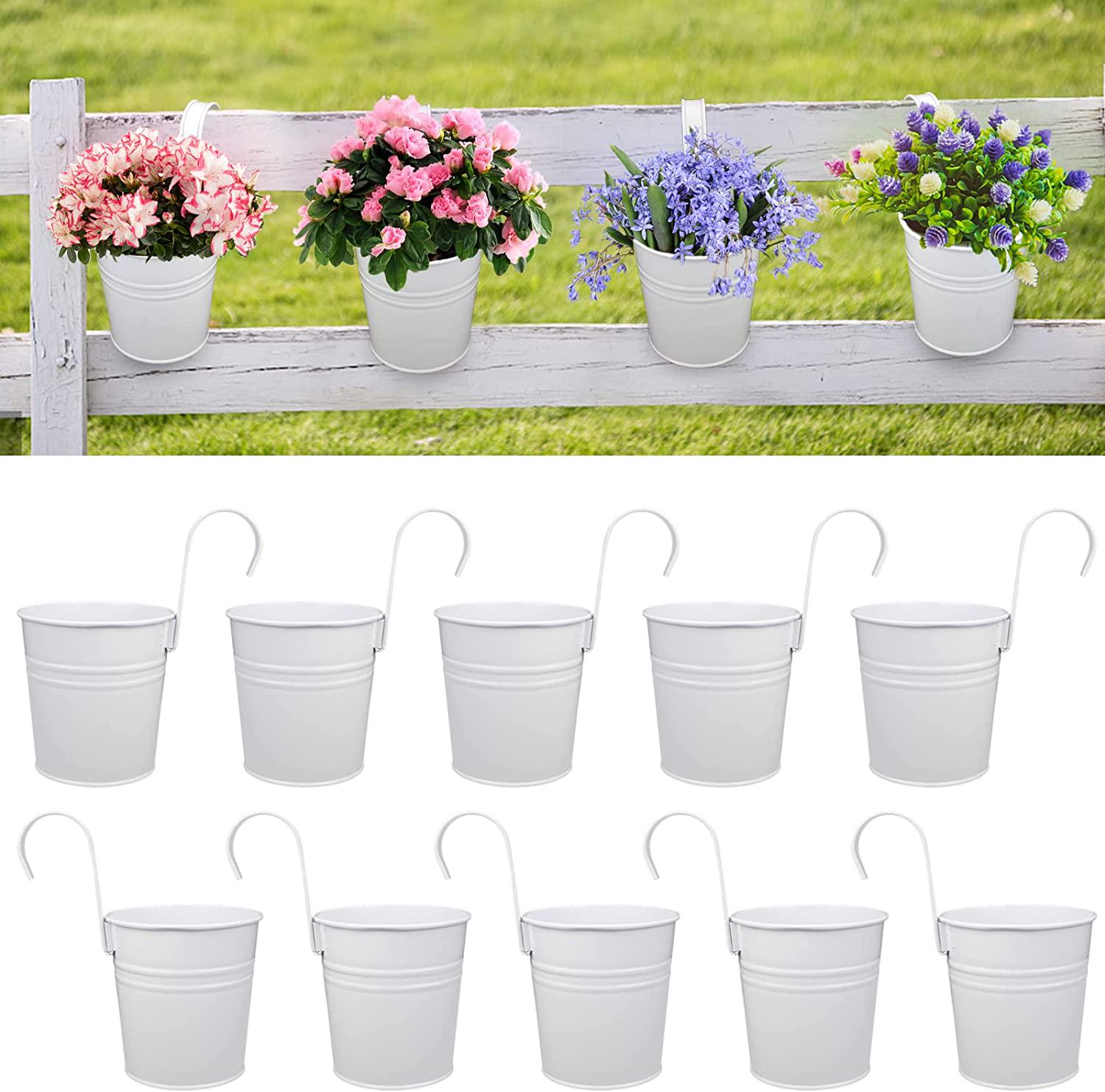 4 Inch Metal Iron Hanging Flower Plant Pots,10 Pack Colorful Balcony Garden Planters with Hanging Fence Plant Planter with Detachable Hook (White)-