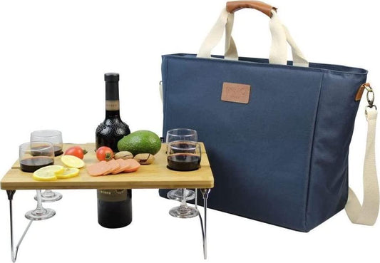 40L Cooler Bag, Large Insulated Tote Wine Carrier Bag for Picnic Lunch with Portable Bamboo Wine Snack Table - Best Gift for Father Mother Day-