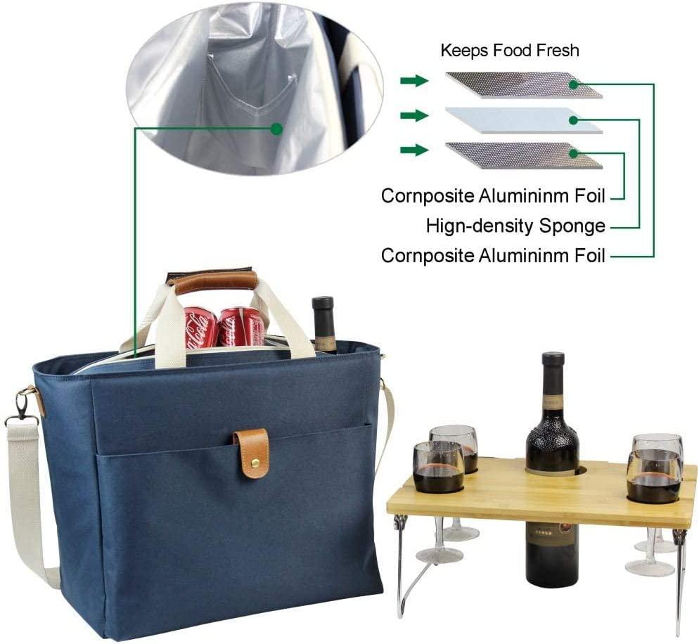 40L Cooler Bag, Large Insulated Tote Wine Carrier Bag for Picnic Lunch with Portable Bamboo Wine Snack Table - Best Gift for Father Mother Day