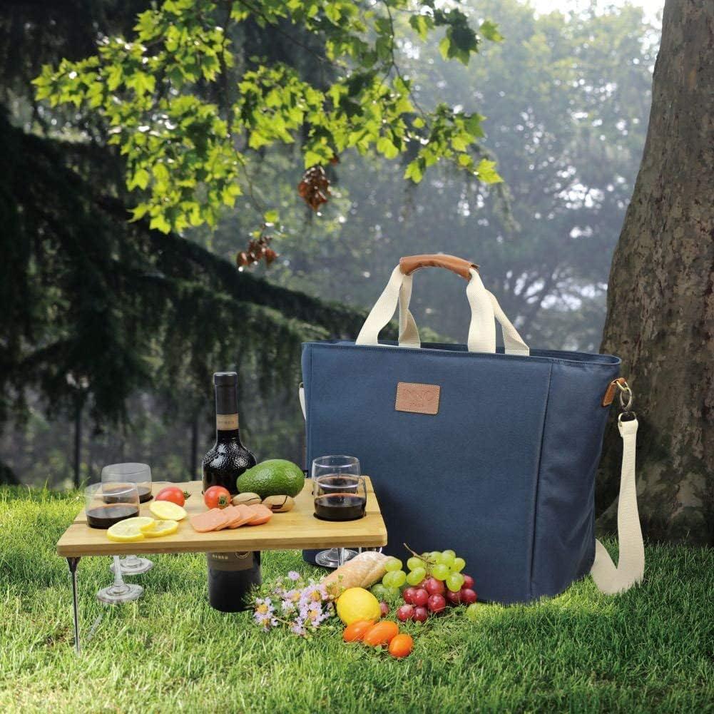 40L Cooler Bag, Large Insulated Tote Wine Carrier Bag for Picnic Lunch with Portable Bamboo Wine Snack Table - Best Gift for Father Mother Day