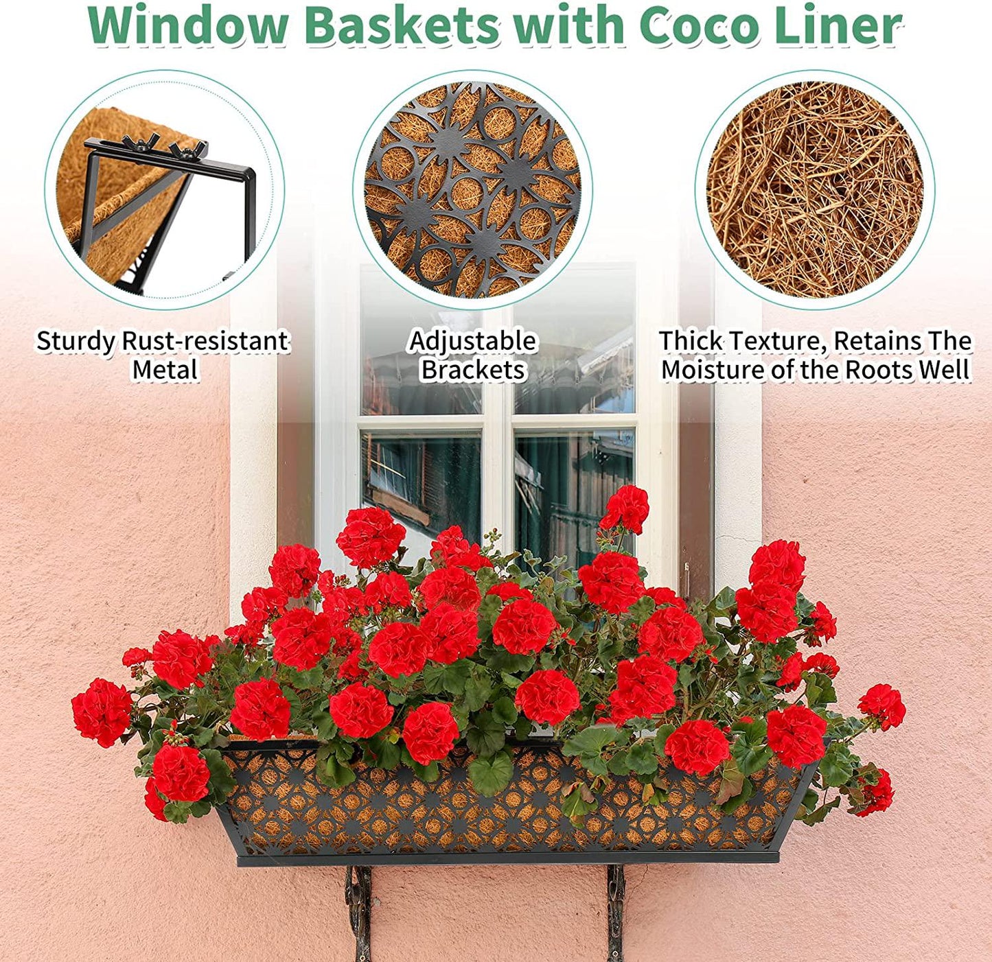 4 Pack 24 Inch Railing Planter Window Boxes Planters with Coconut Liner Window Deck Planters Boxes Metal Black Hanging Flower Planter Window Basket