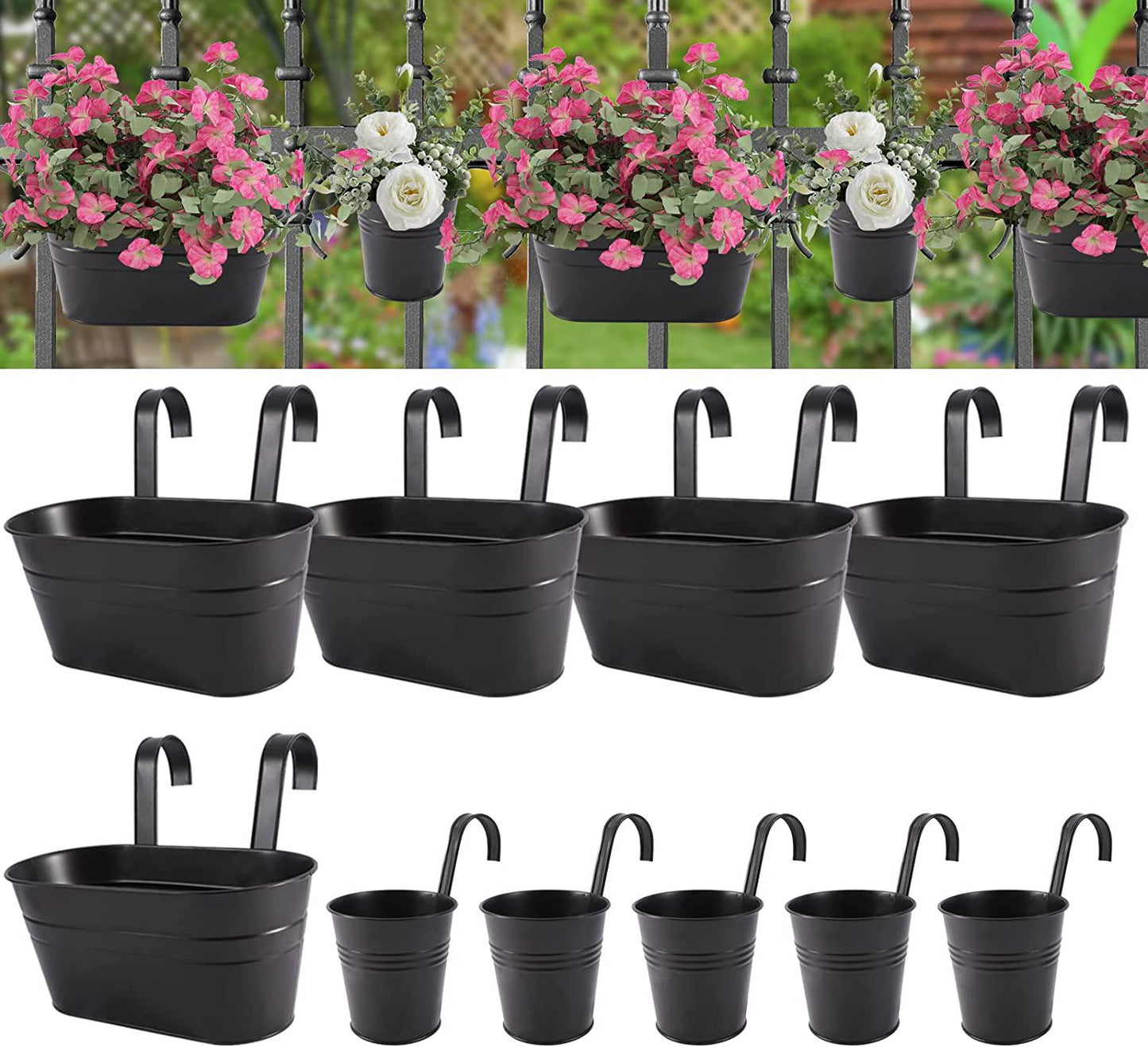 5pcs 5.5 x10.6 Metal Iron Hanging Flower Pots and 5pcs 3.8 Hanging Flower Pots Metal Iron Bucket Planter(Black)-