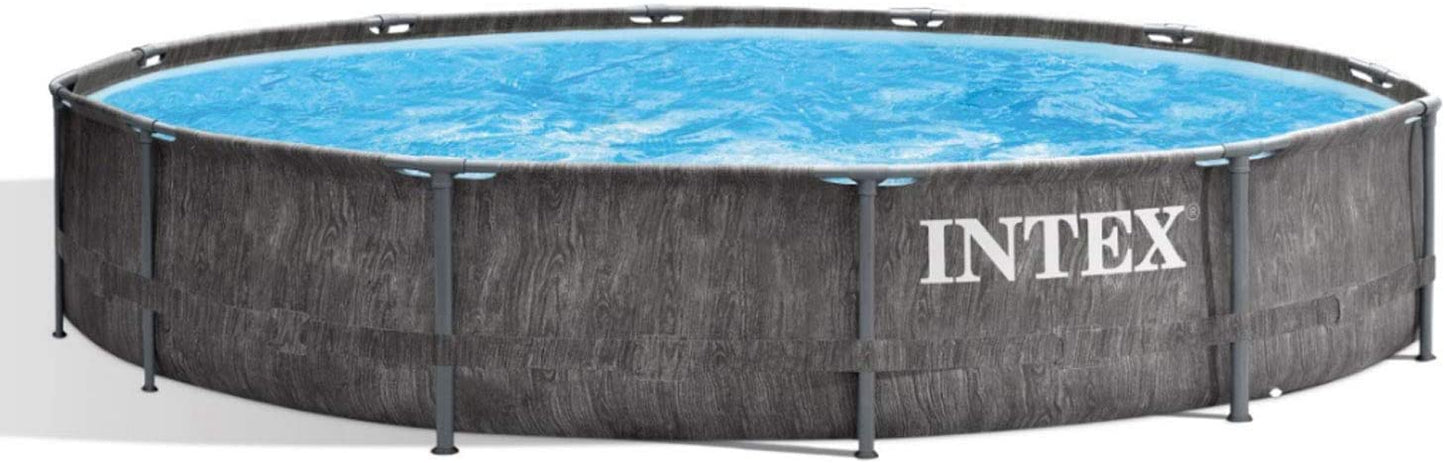 Intex Greywood Prism Frame 12' x 30 Round Above Ground Outdoor Swimming Pool with 530 GPH Filter Pump, Grey Woodgrain Design