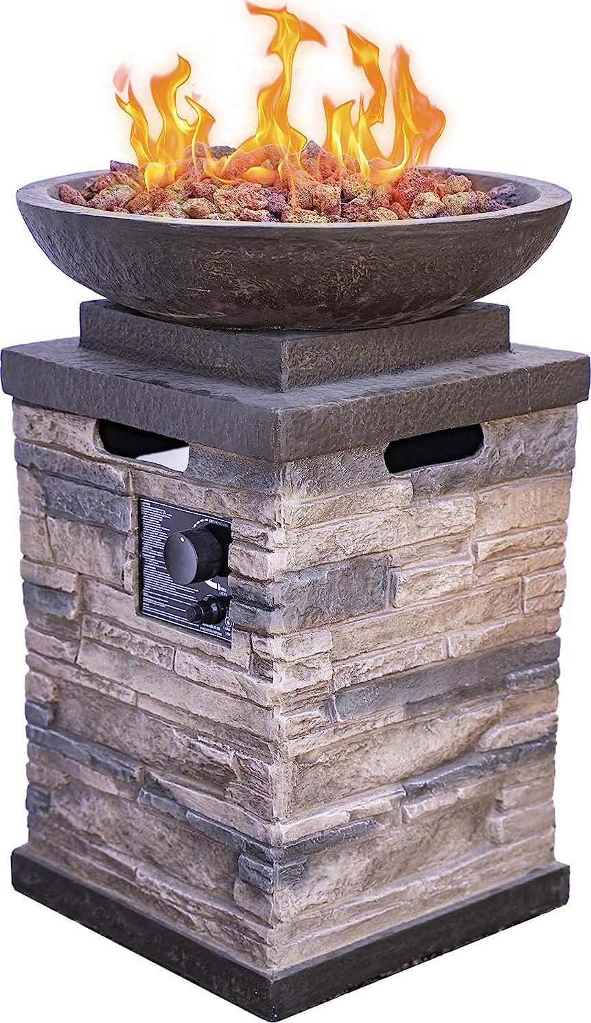 63172 Newcastle Propane Firebowl Column Realistic Look Firepit Heater Lava Rock 40,000 BTU Outdoor Gas Fire Pit 20 lb, Pack of 1, Natural Stone-