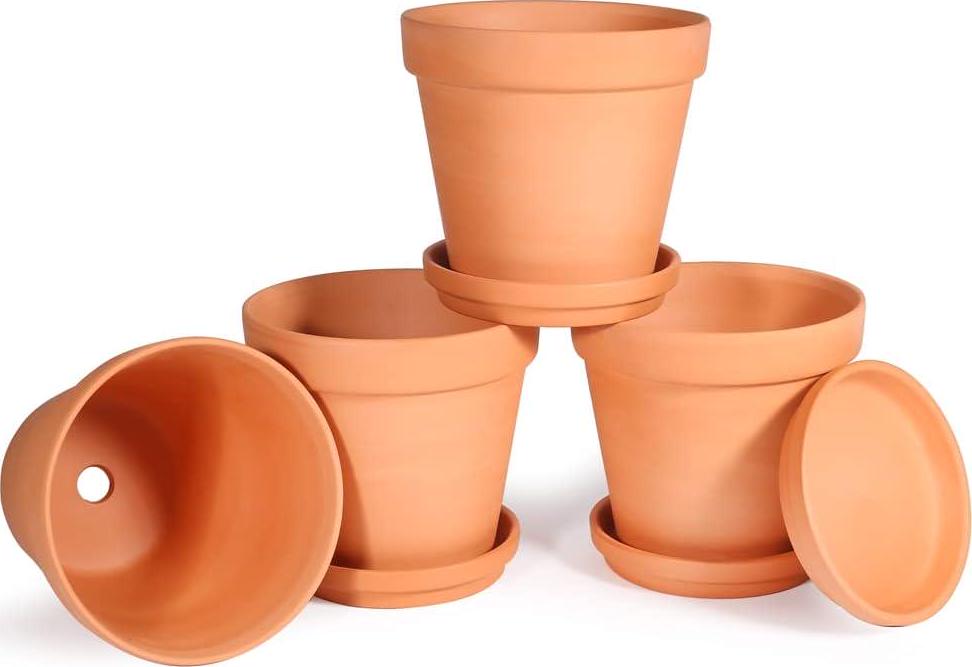 6 Inch Clay Pot for Plant with Saucer, Flower Pot with Tray, 4 Pack Small Terra Cotta Plant Pot with Drainage Hole, Great for Plants, DIY Crafts, Wedding Favor (6inch 4pack)