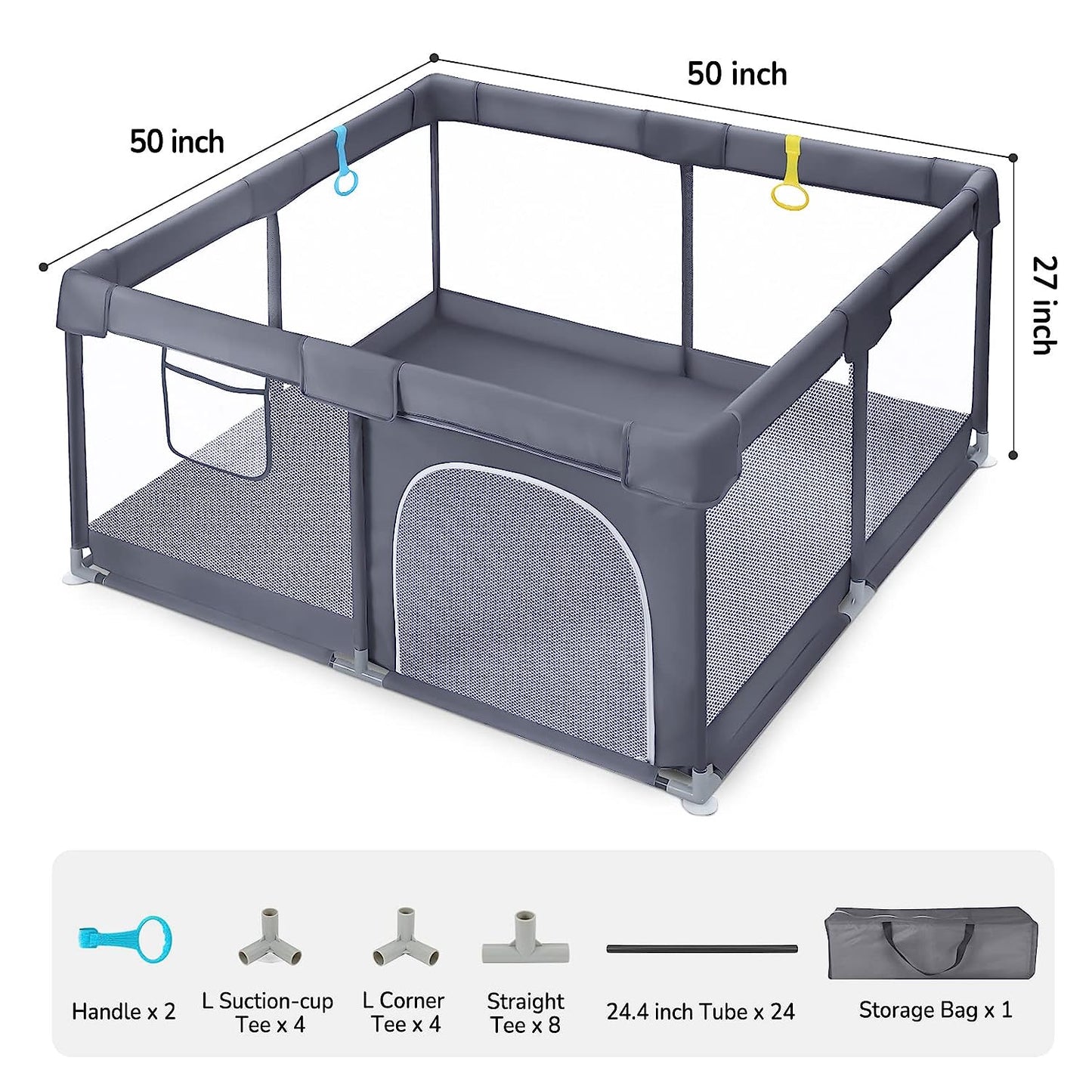 Baby Playpen, Baby Fence with Gates, Playpen for Babies and Toddlers, Playards with Pull-up Rings, Visible Mesh, Safe Anti-Fall Sturdy Baby Play Area, Waterproof Oxford Cloth 50x50