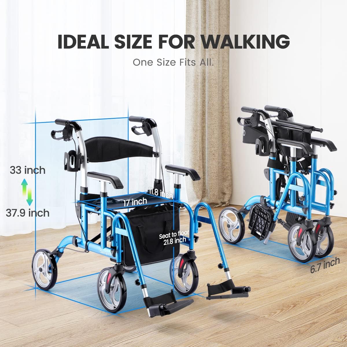 2 in 1 Rollator Walker with Footrest - Transport Walker Chair with 10 inch Wheels, Walker with Cup Holder for Adult