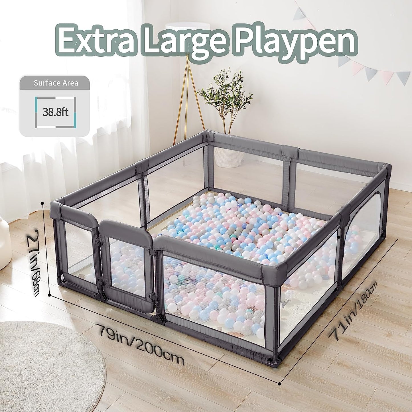 Baby Playpen, 79x71 Playpens for Babies and Toddlers with Gate, Large Baby Play Yards with Zipper Door, Indoor and Outdoor Baby Fence, Dark Grey