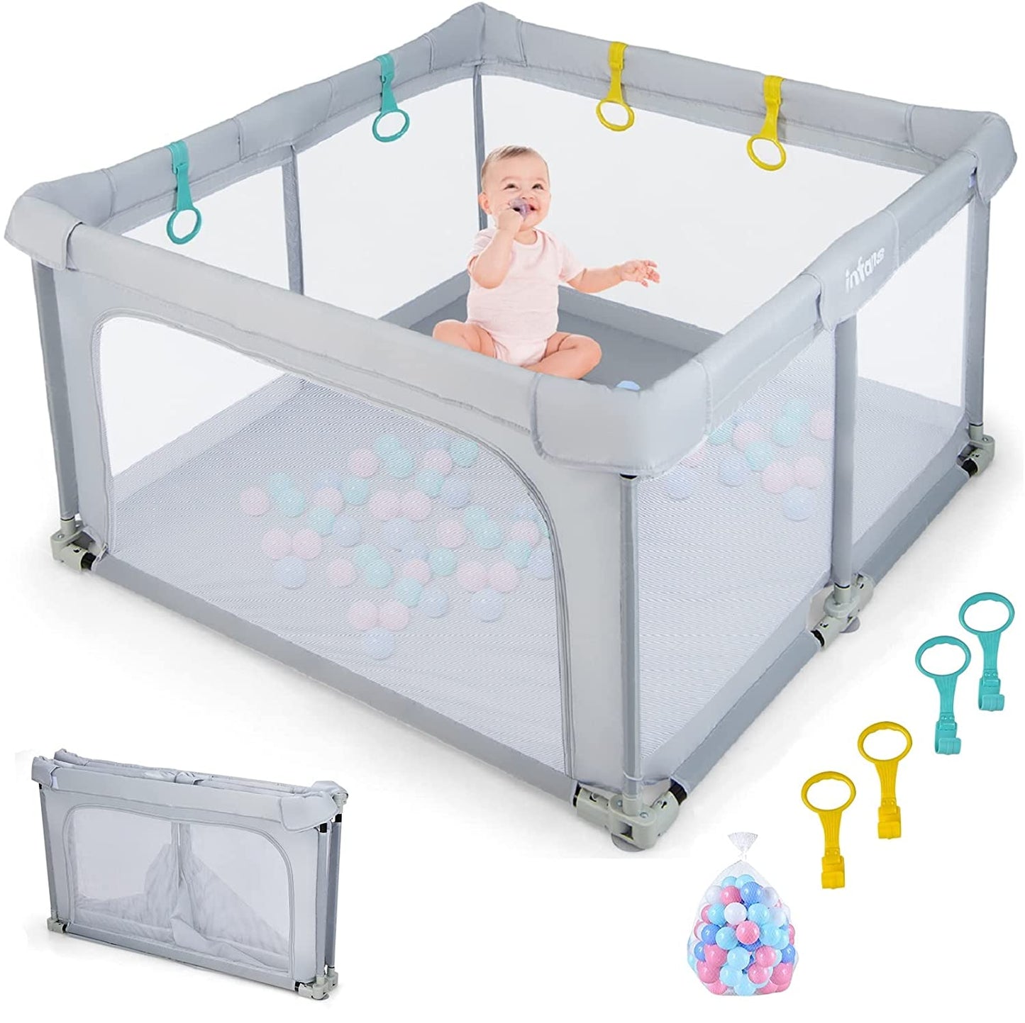 Baby Playpen Foldable, 50 x50 Large Baby Playard for Toddlers with Gate, Soft Visible Mesh, Indoor Outdoor Kids Activity