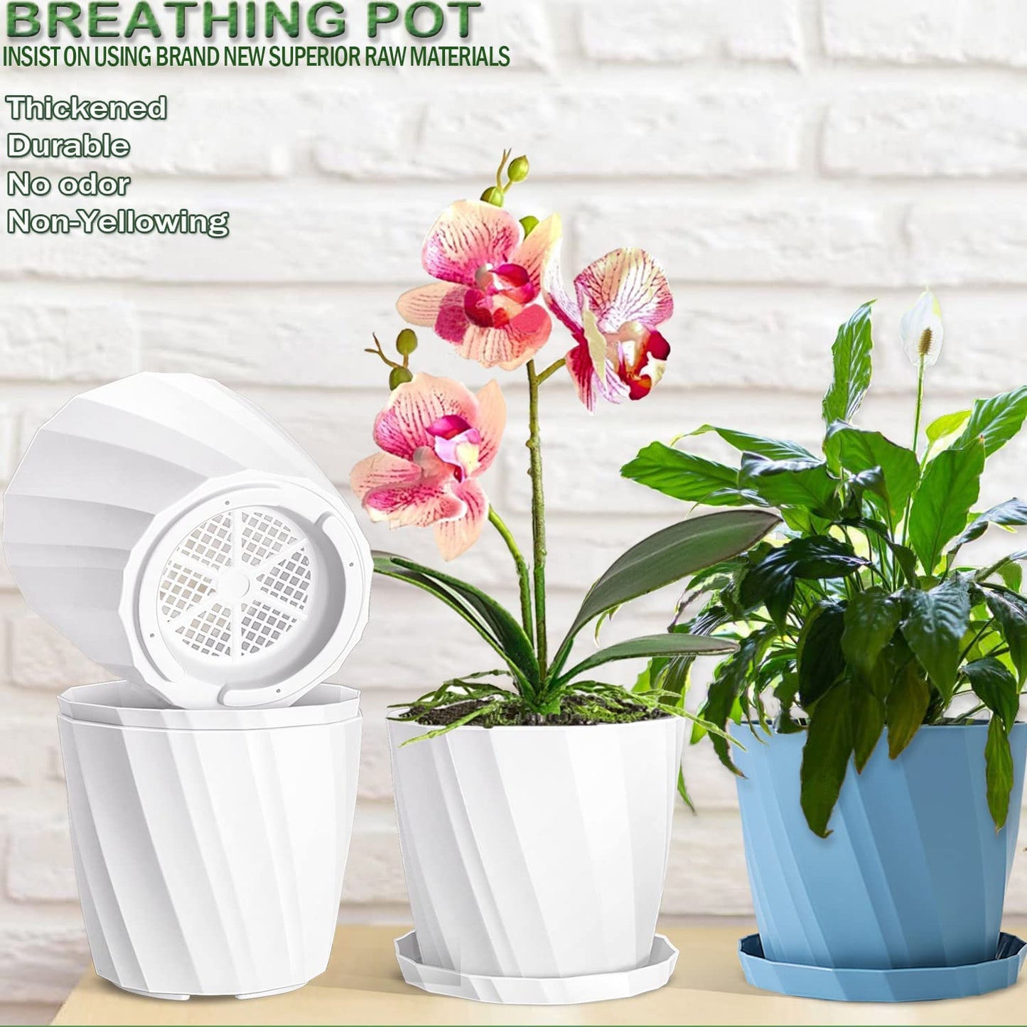 8 Inch Flower Pots 5 Pack, Plastic Plant Pots with Drainage Holes and Saucers, Tray