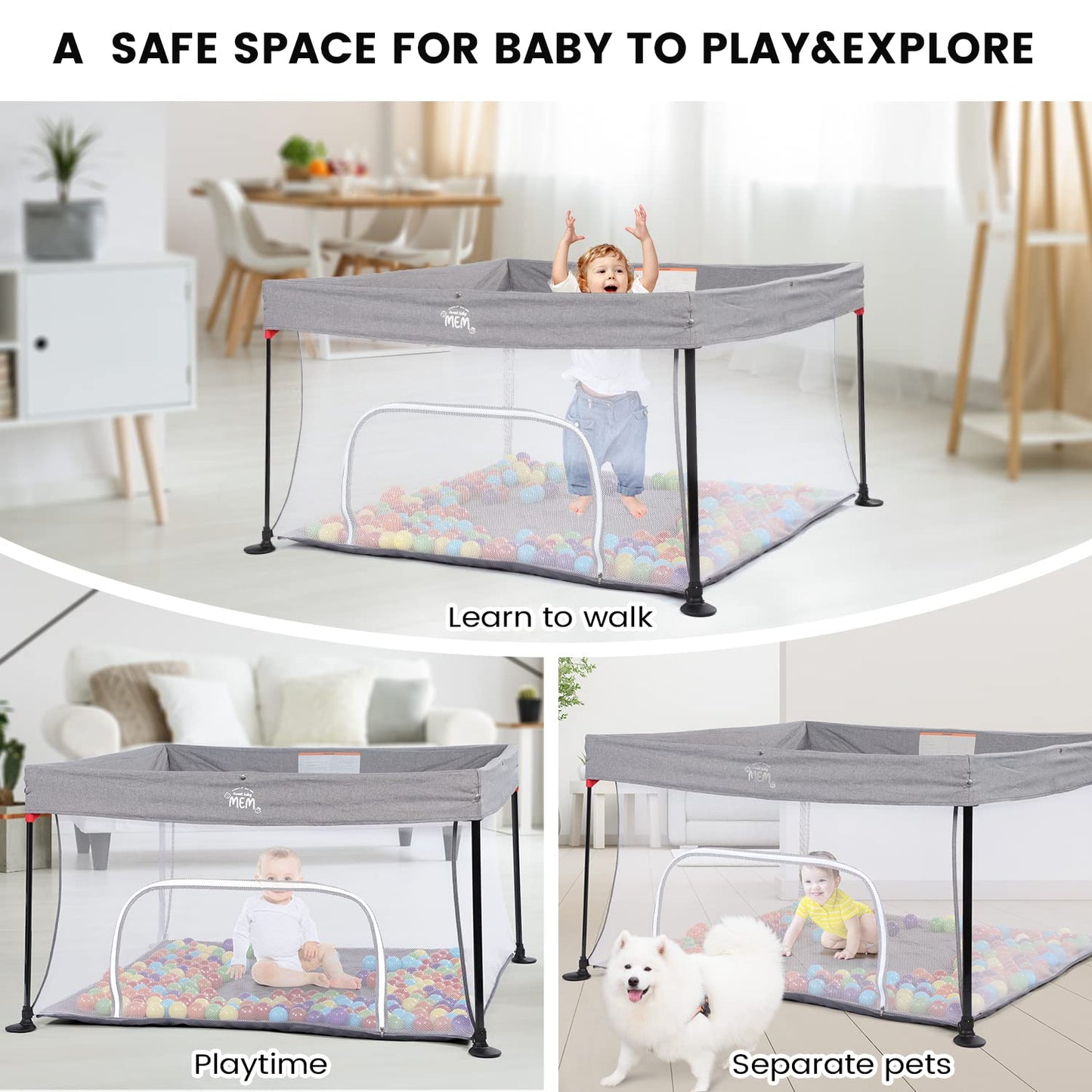 MEM Baby Playpen, Foldable Playpen for Babies and Toddlers, Indoor Outdoor Playpen Baby Activity Center with Zipper Gate