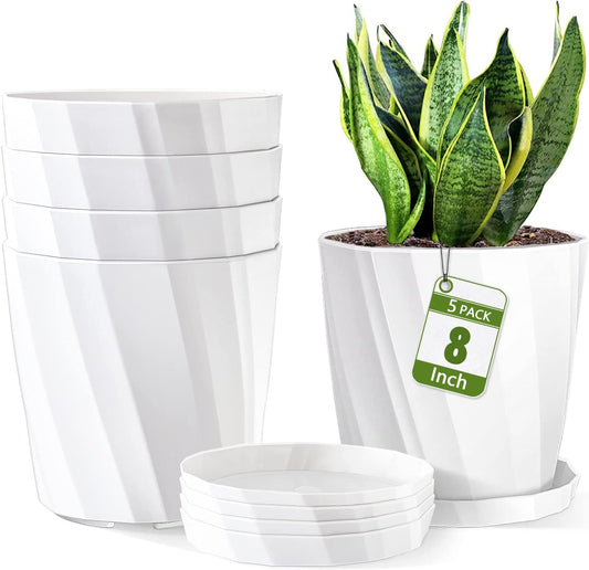 8 Inch Flower Pots 5 Pack, Plastic Plant Pots with Drainage Holes and Saucers, Tray-