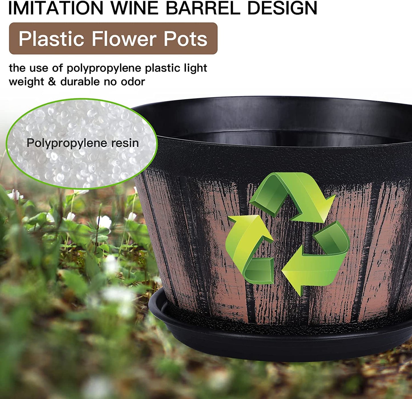 Plant Pots Set of 4 Pack 8 inch.Whiskey Barrel Planters with Drainage Holes and Saucer.Plastic Decoration Flower Pots Imitation Wine Barrel Design,Canbe