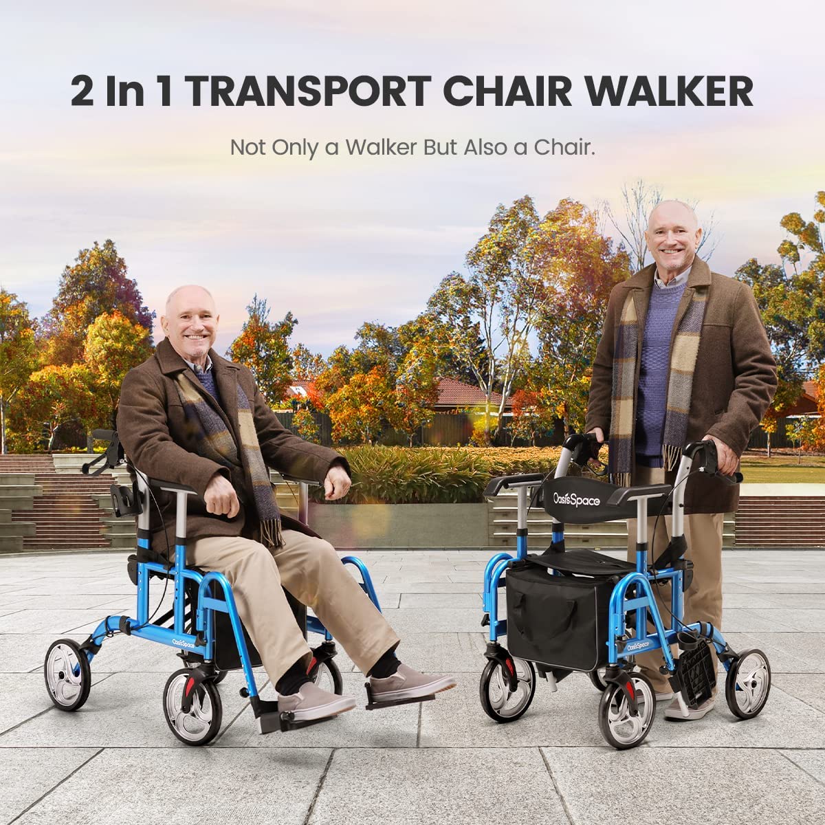 2 in 1 Rollator Walker with Footrest - Transport Walker Chair with 10 inch Wheels, Walker with Cup Holder for Adult