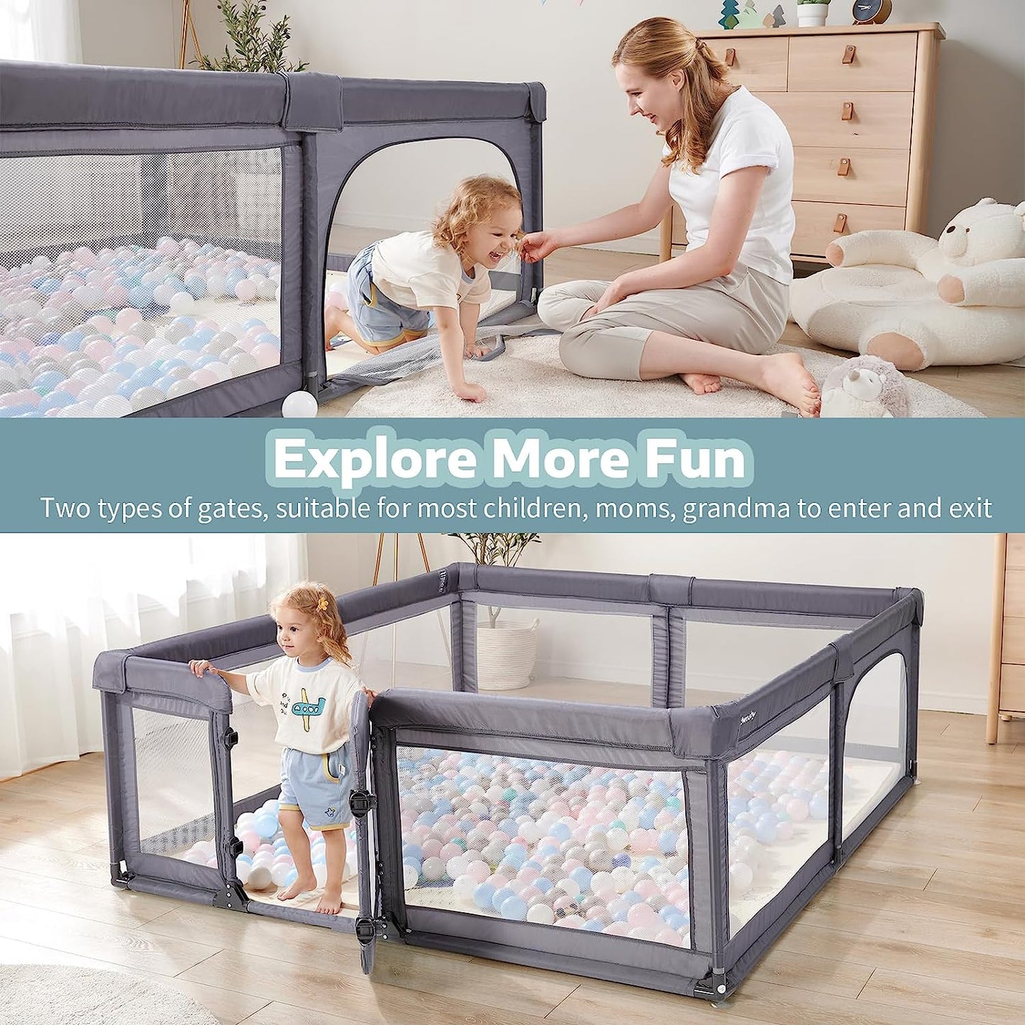 Baby Playpen, 79x71 Playpens for Babies and Toddlers with Gate, Large Baby Play Yards with Zipper Door, Indoor and Outdoor Baby Fence, Dark Grey