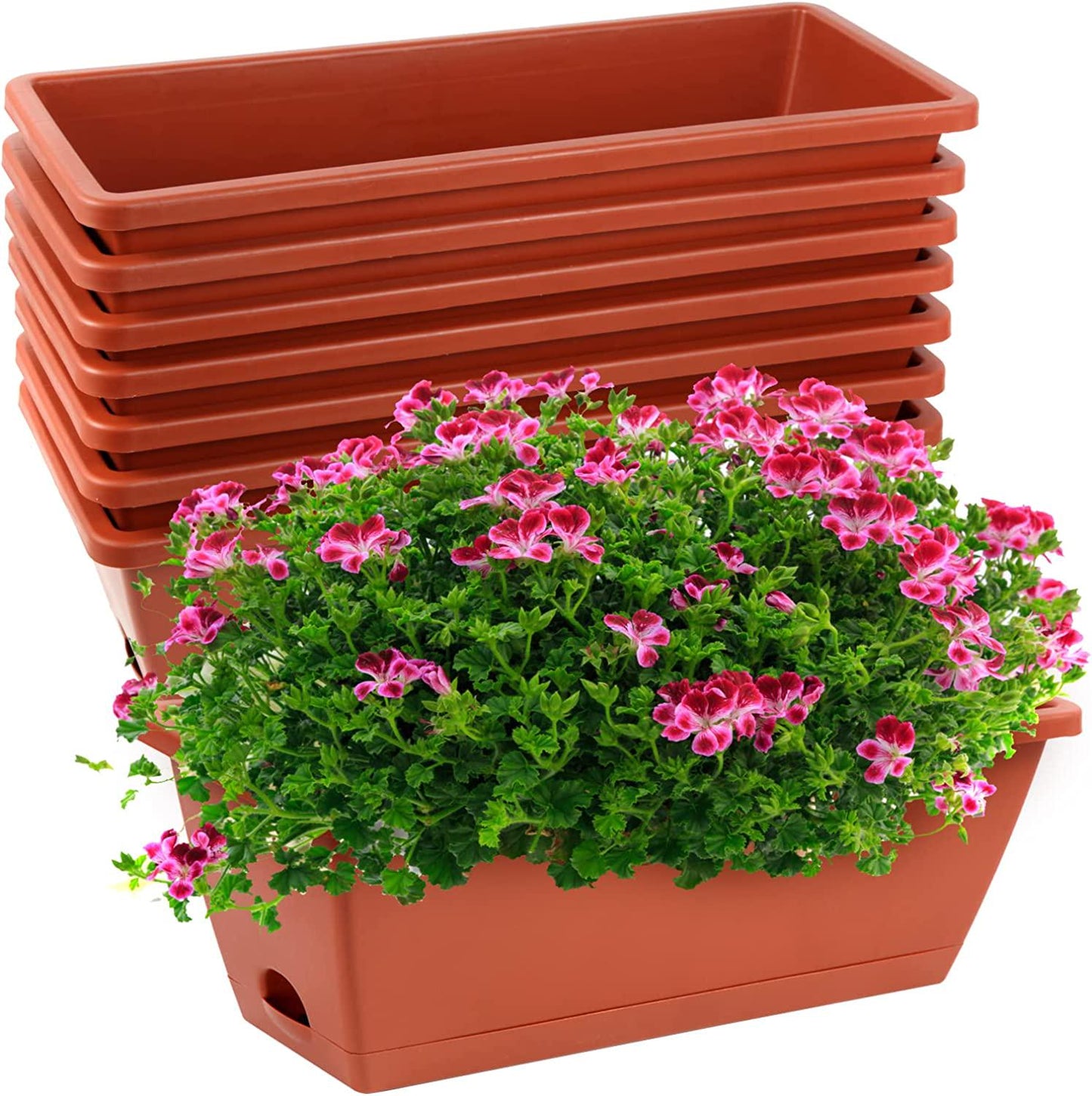 8pcs Window Box Planter,17 Inches Flower Window Boxes, Rectangle Planters Box with Drainage Holes and Trays, Plastic Vegetable Planters for Windowsill Patio Garden Home Decor Porch Yard (Red)-