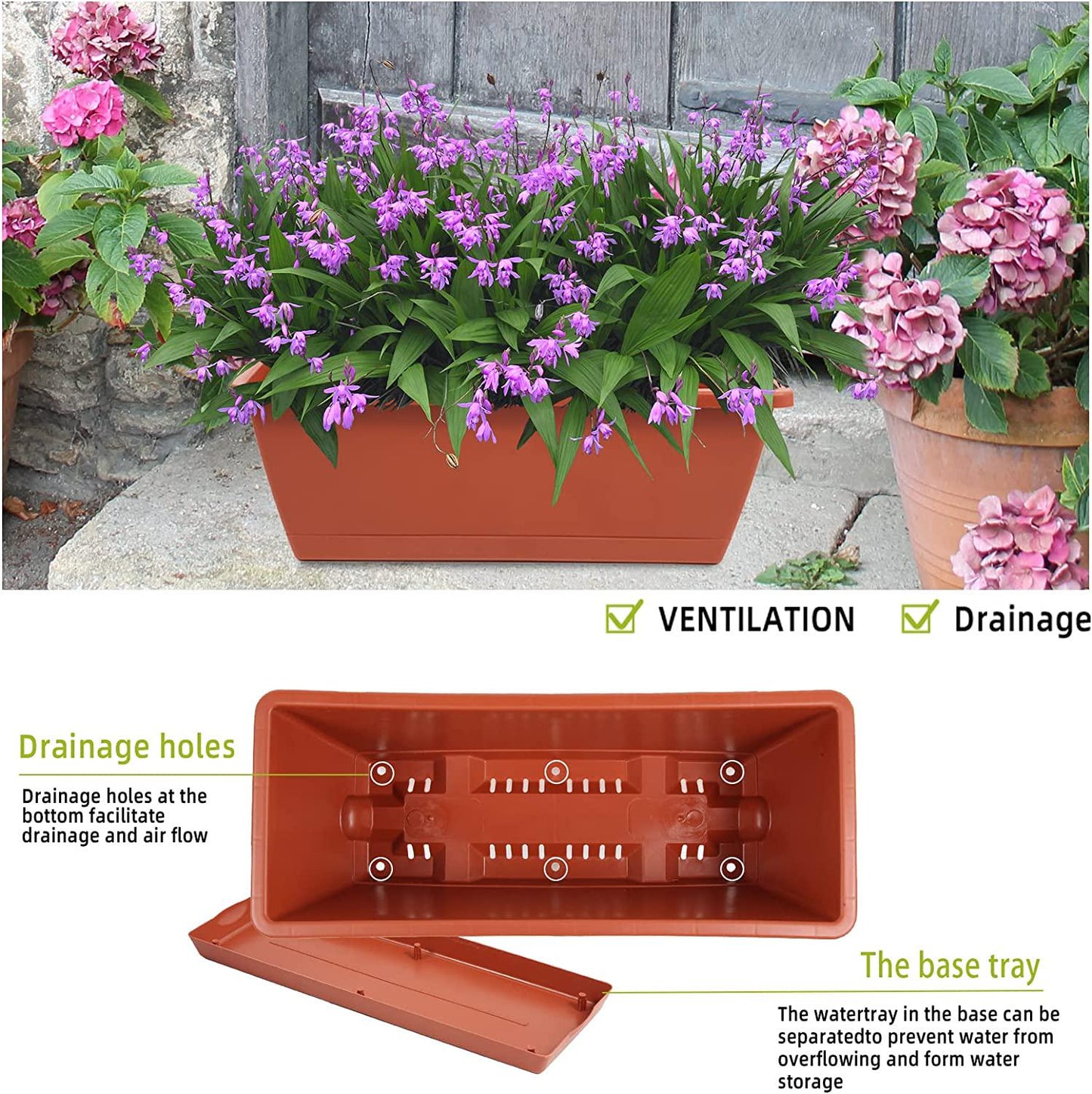 8pcs Window Box Planter,17 Inches Flower Window Boxes, Rectangle Planters Box with Drainage Holes and Trays, Plastic Vegetable Planters (Red)