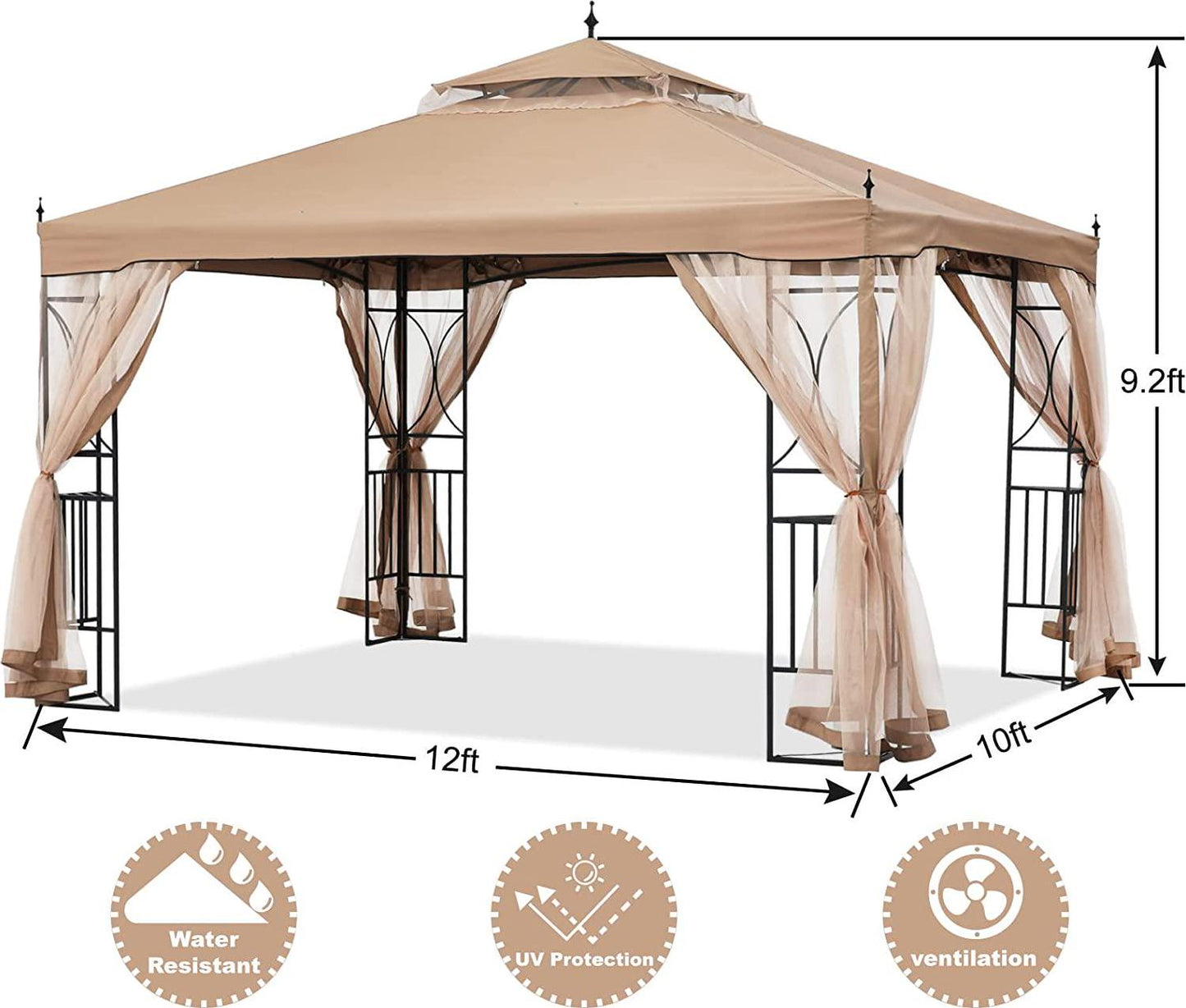 ABCCANOPY Patio Outdoor Gazebo 10X12 - Gazebo Canopy with Netting and Corner Frame Screen Wall for Backyard,Garden Gazebo Lawn (Khaki)