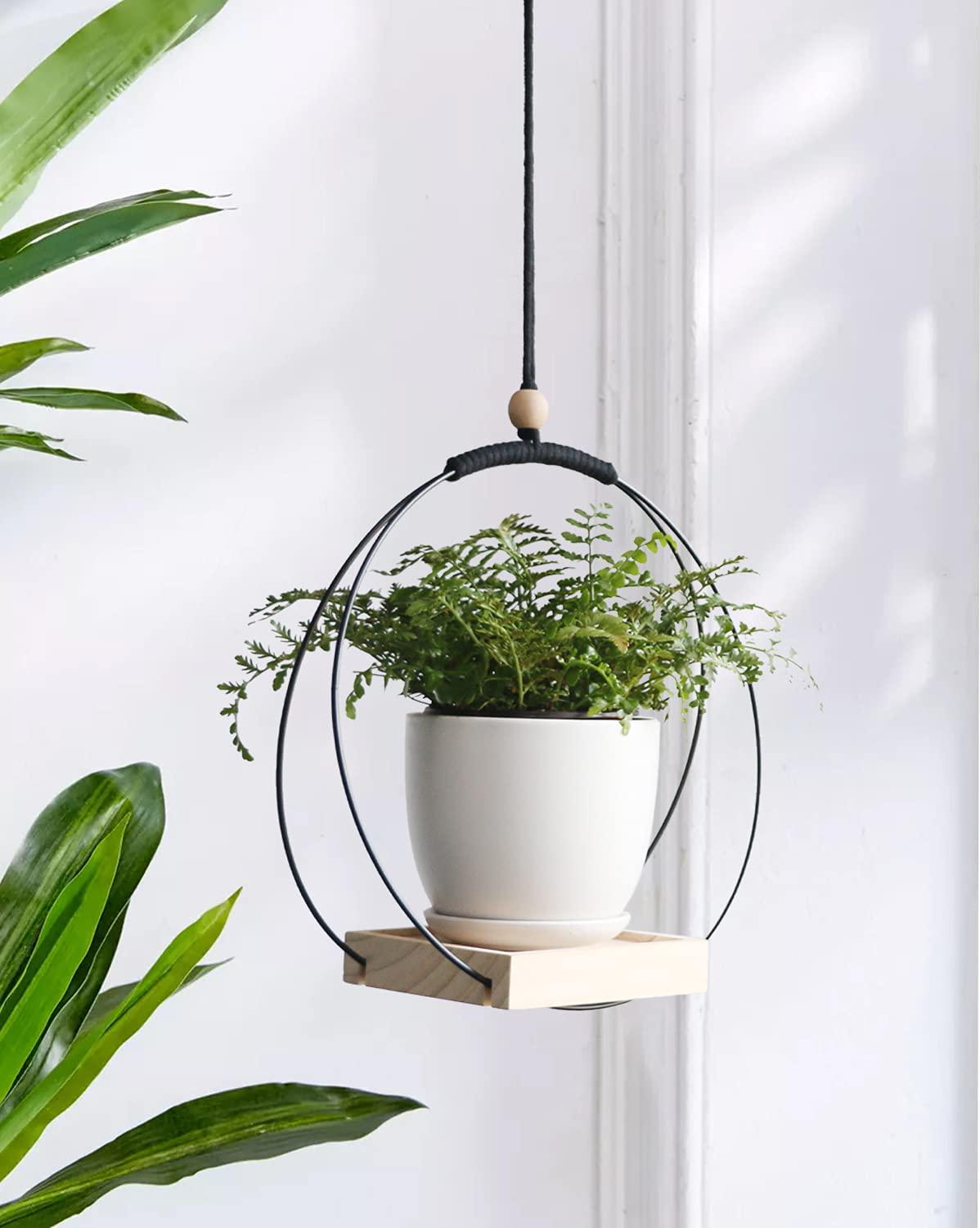 ABETREE Hanging Planter with Wood Base Modern Macrame Plant Hanger for Indoor Outdoor Wall Ceiling Window Boho Home Décor, Black(Planter/ Plants Not Included)