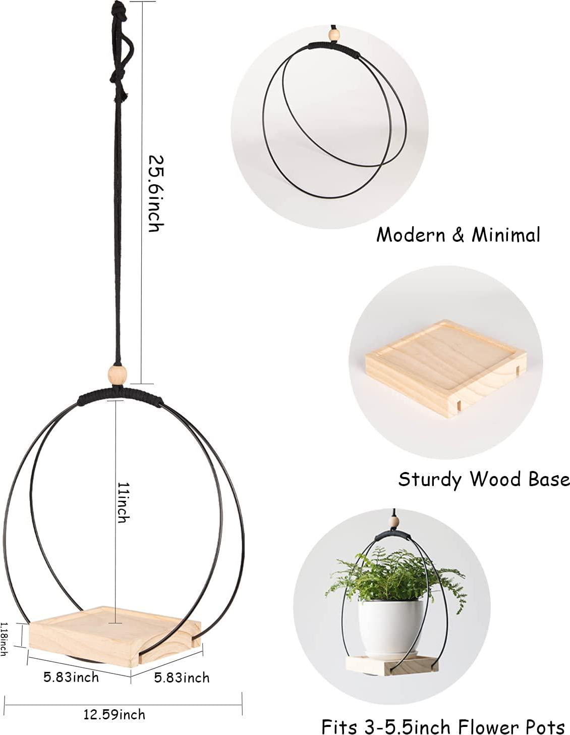 ABETREE Hanging Planter with Wood Base Modern Macrame Plant Hanger for Indoor Outdoor Wall Ceiling Window Boho Home Décor, Black(Planter/ Plants Not Included)